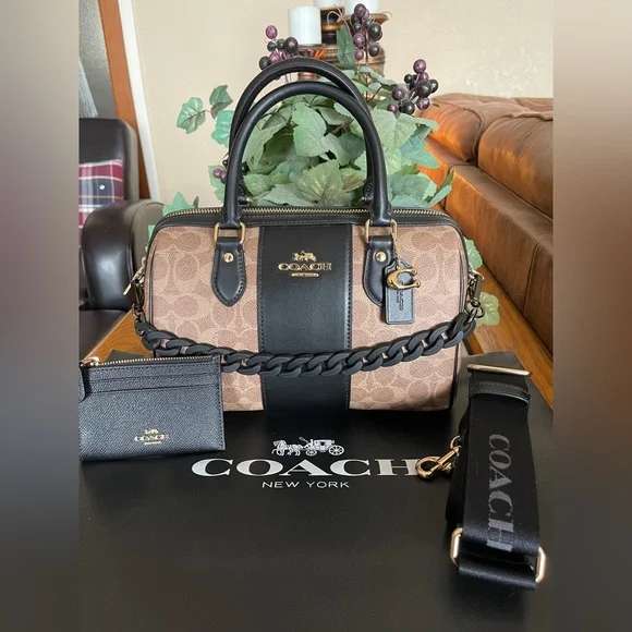 NWOT Coach Rowan Satchel with Black Stripe and Black Cardholder - Picture 2 of 11